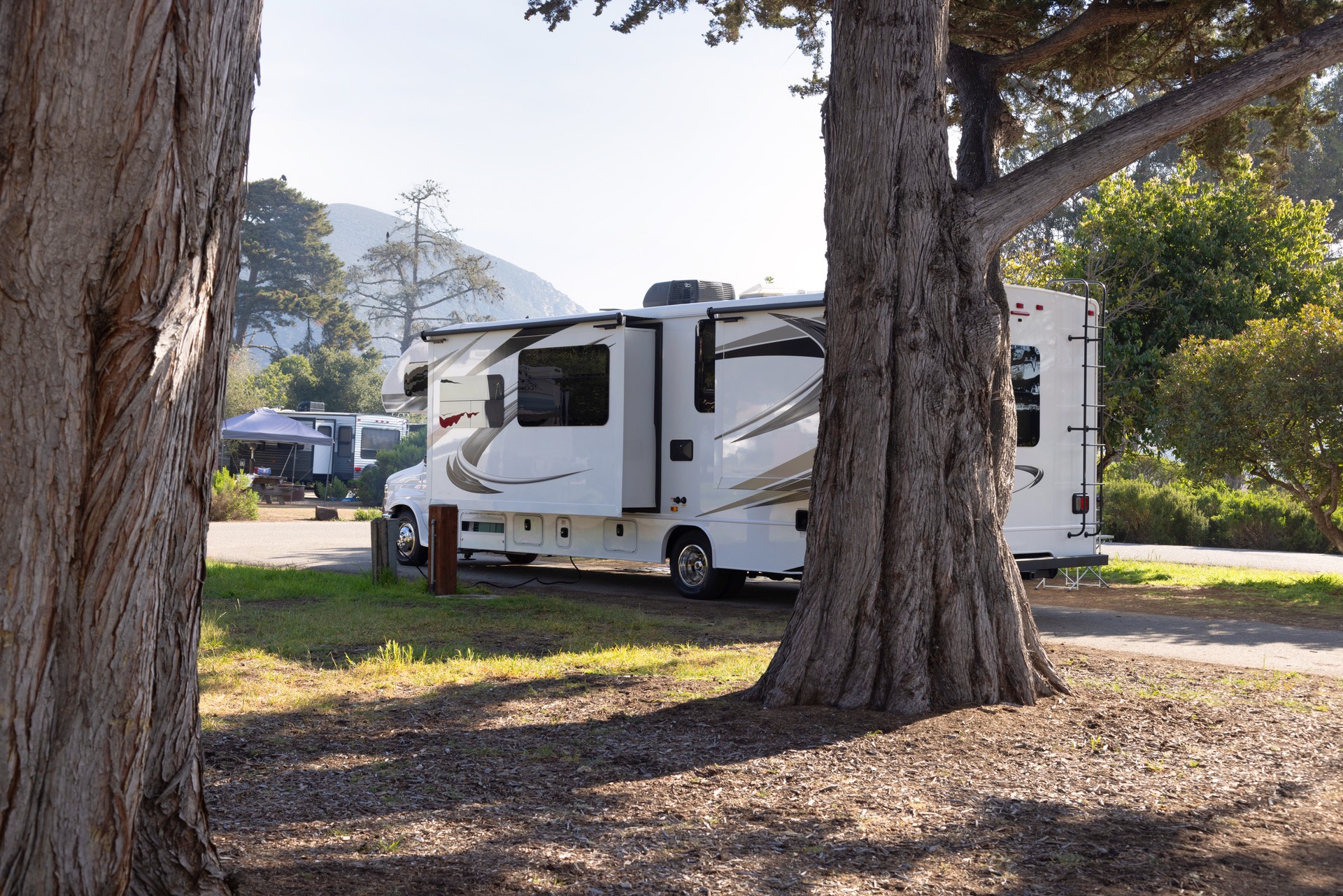 Motor home with slideout parked in campsite between two large trees. Second motor home in the background